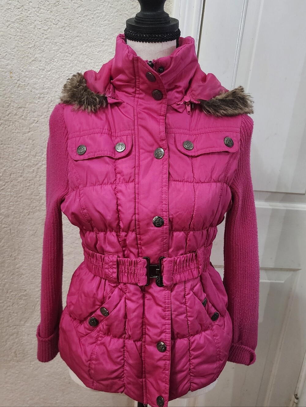 Holiday Editions Hot Pink Belted Puffer Jacket with Knit Sleeves size 10/12